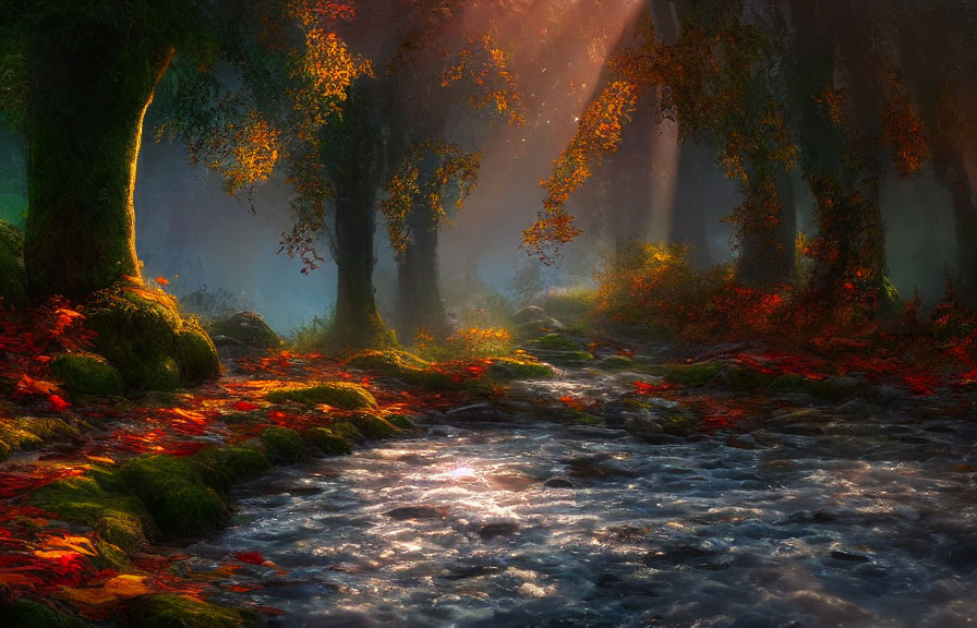 Tranquil Forest Creek with Autumn Leaves and Sunlight