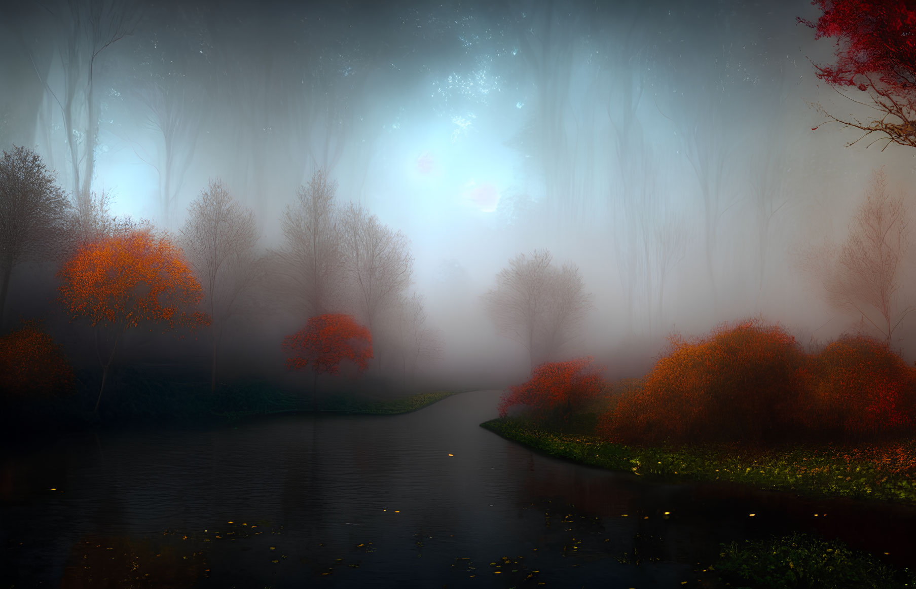 Mystical foggy landscape with glowing lights and red-leaved trees