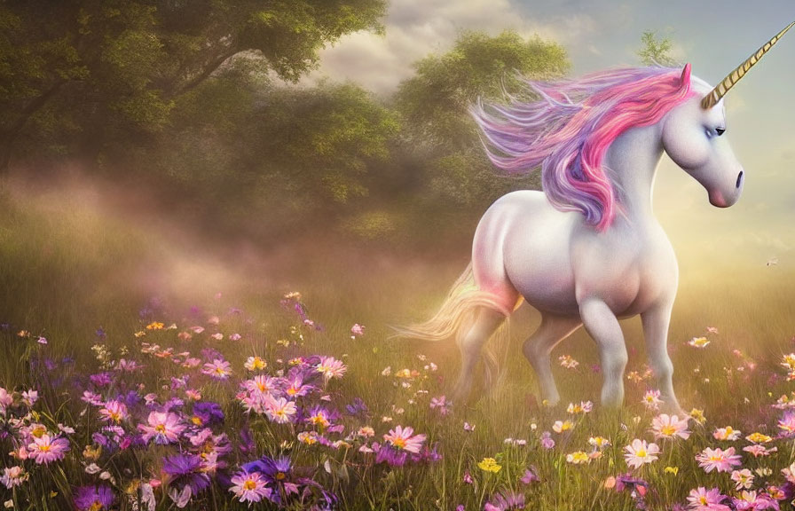 Mythical unicorn with pink and purple mane in vibrant meadow