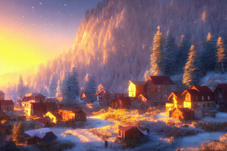 Snow-covered winter village with glowing lights and mountain backdrop