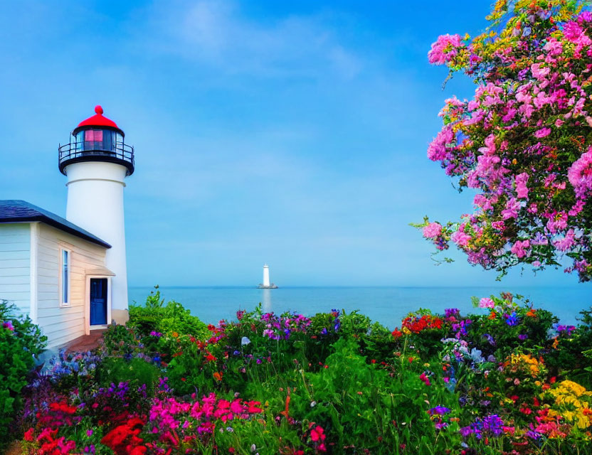 Scenic lighthouse surrounded by vibrant flowers and clear blue sea