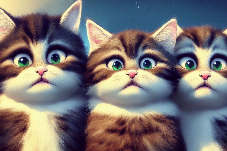 Three Cute Animated Kittens with Big Green Eyes on Blue Background