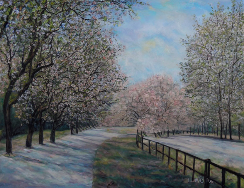 Tranquil painting of cherry tree-lined path with soft light filtering through foliage