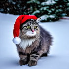 Fluffy Tabby Cat in Santa Hat Outdoors in Snowfall