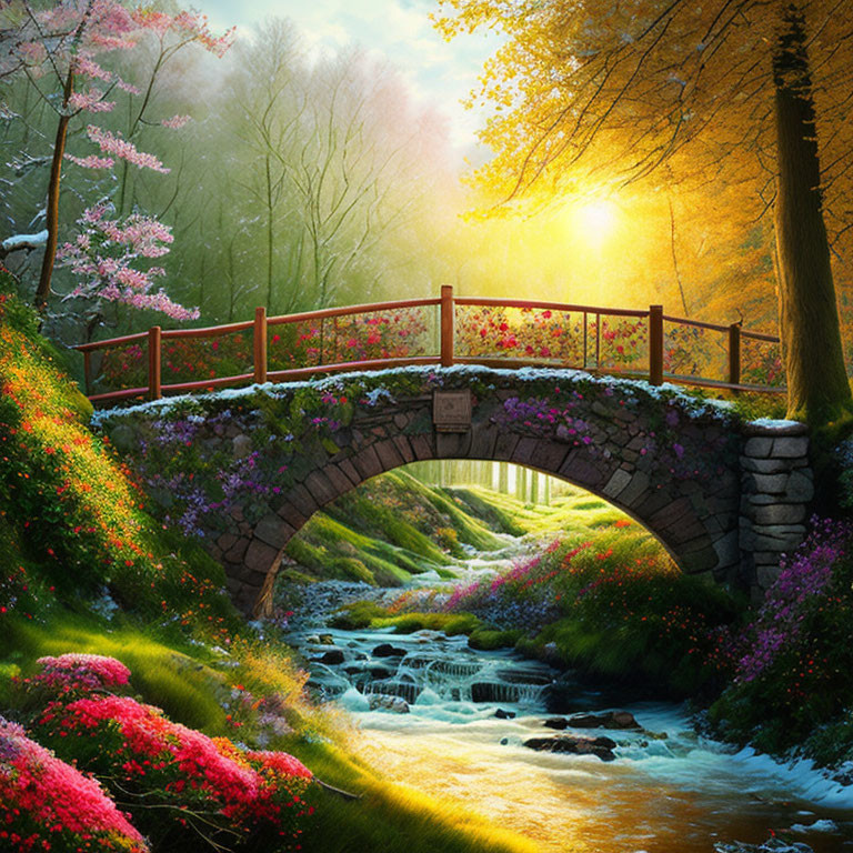 Stone bridge with flowers over bubbling stream in vibrant forest at sunrise