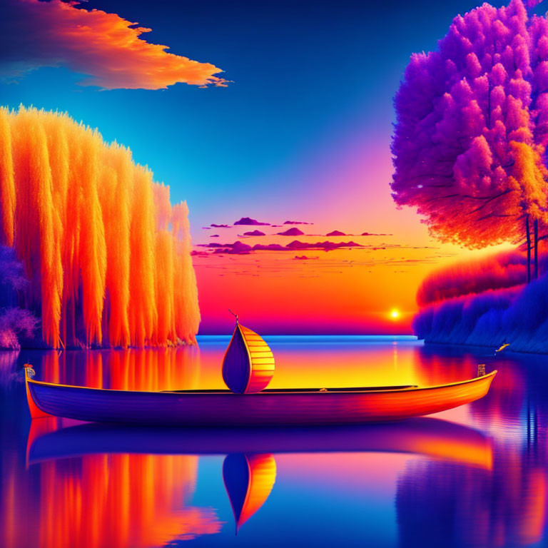 Colorful Digital Art Landscape: Serene Lake, Boat with Sail, Purple-Orange Trees, Sunset