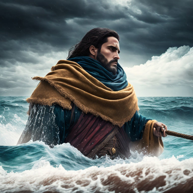 Bearded man holding rope at sea in stormy weather