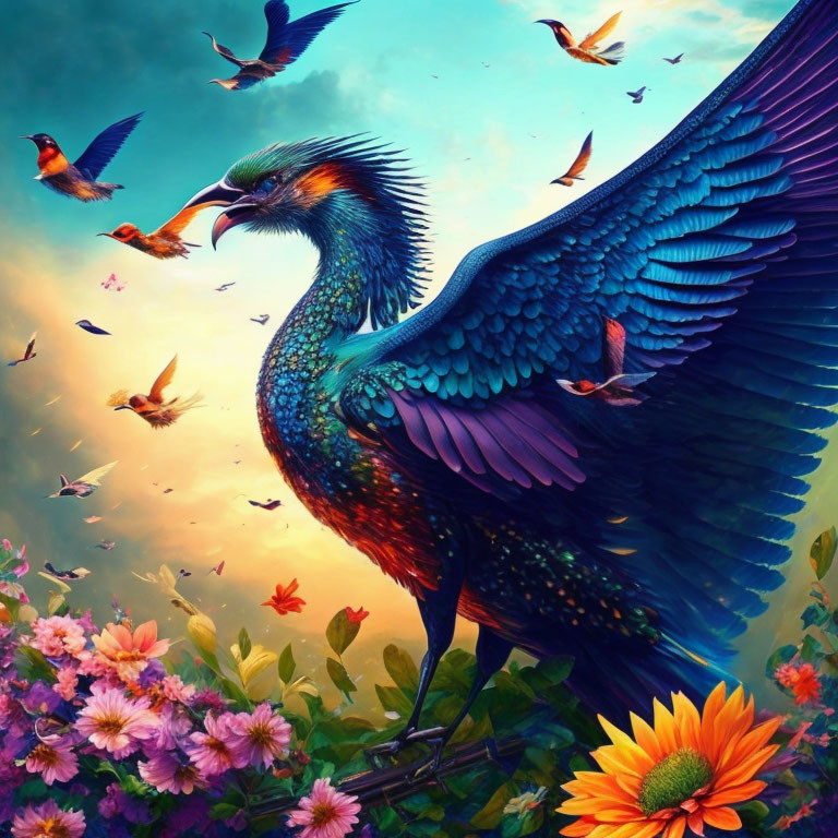 Colorful Bird Artwork with Flowers and Sky