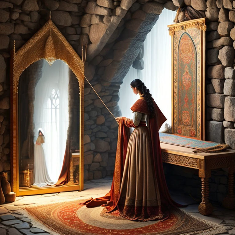 Medieval woman in gown with wand gazes at reflection in Gothic room