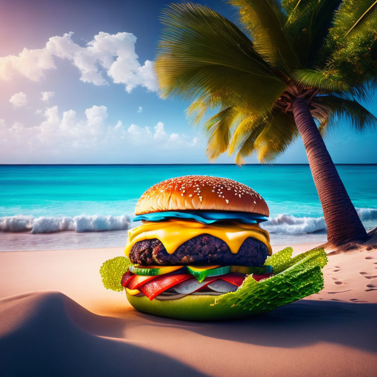 Cheeseburger with lettuce and tomato on sandy beach with palm tree and ocean.