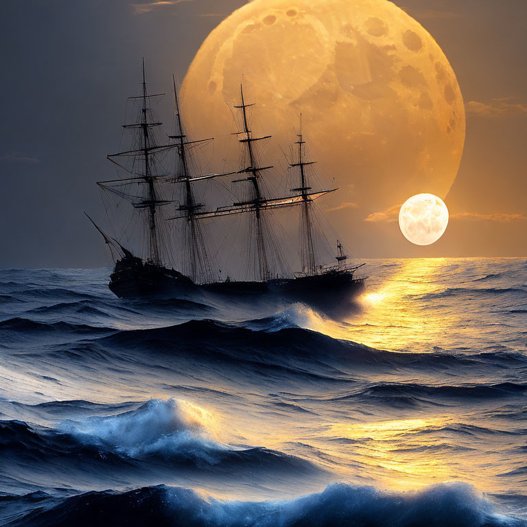 Tall ship sailing on turbulent seas under dramatic sky with vivid moon