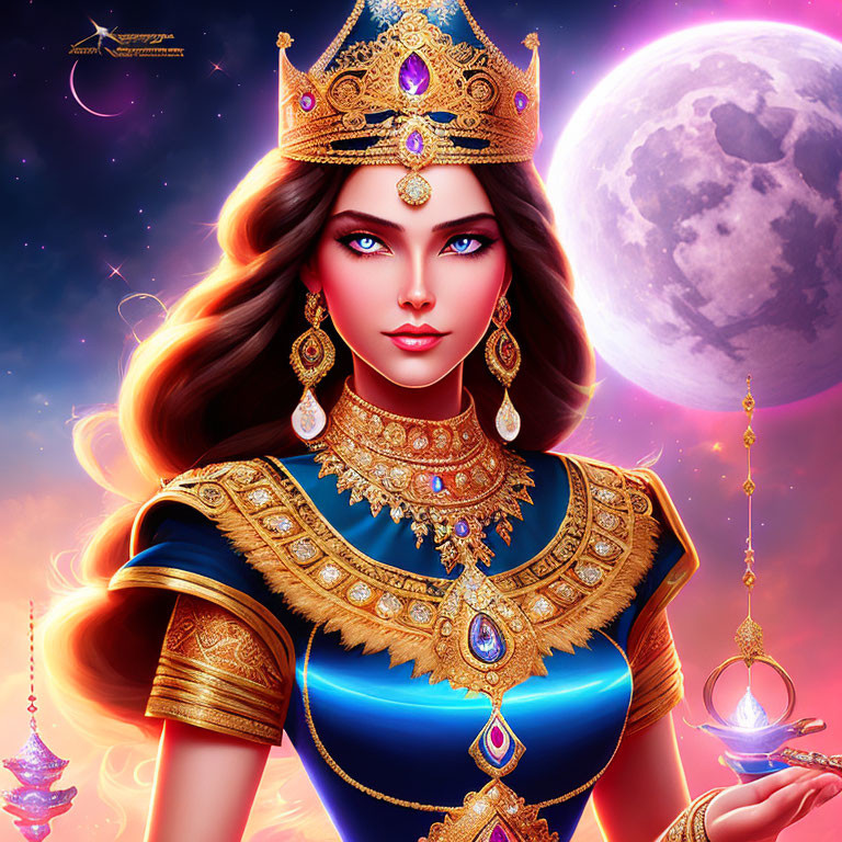 Illustration of majestic queen in blue and gold dress with golden crown against moonlit sky