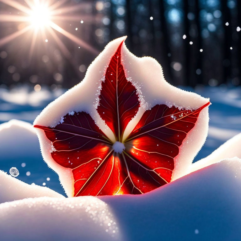 Red leaf on snowy surface with sunlight and forest background