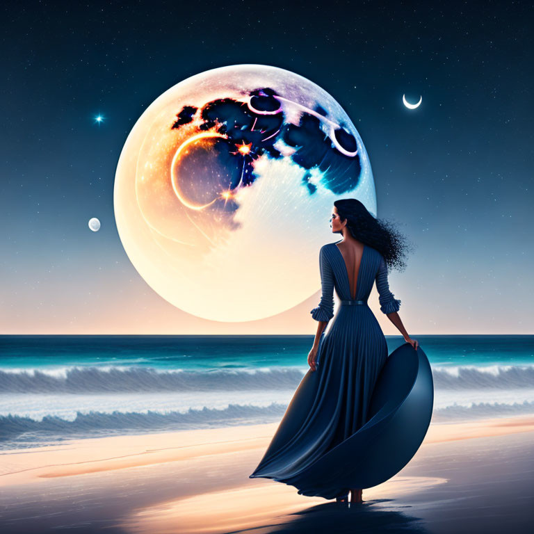 Woman in flowing dress gazes at surreal moon on beach at night