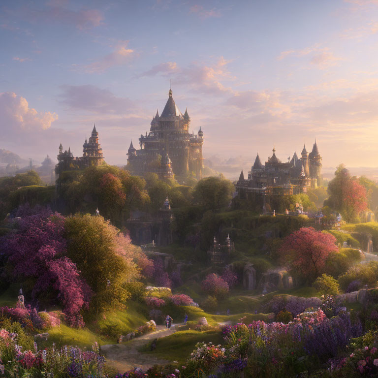 Majestic castle in lush garden with vibrant flowers at sunset