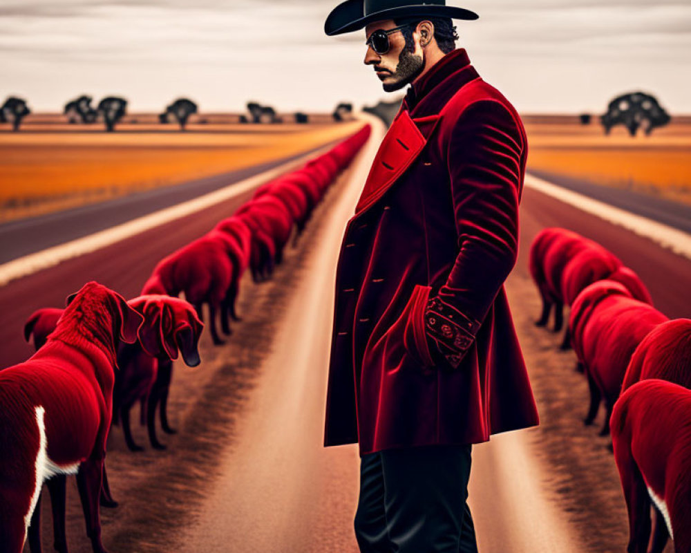 Bearded man in black hat and red coat with red dogs on road under dramatic sky