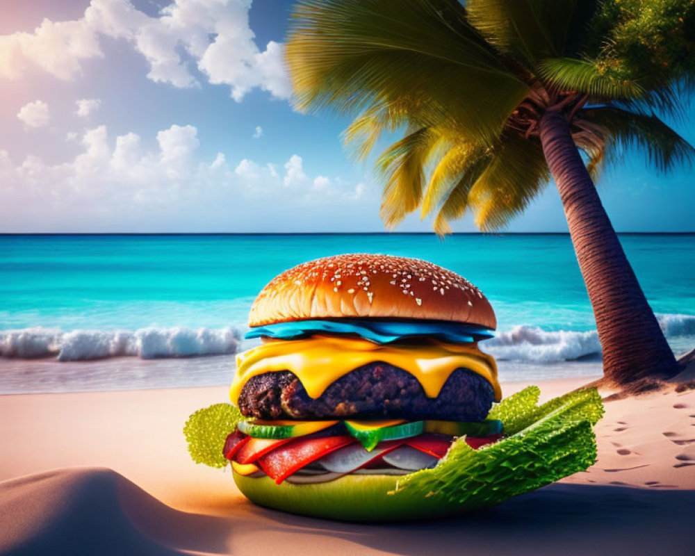 Cheeseburger with lettuce and tomato on sandy beach with palm tree and ocean.