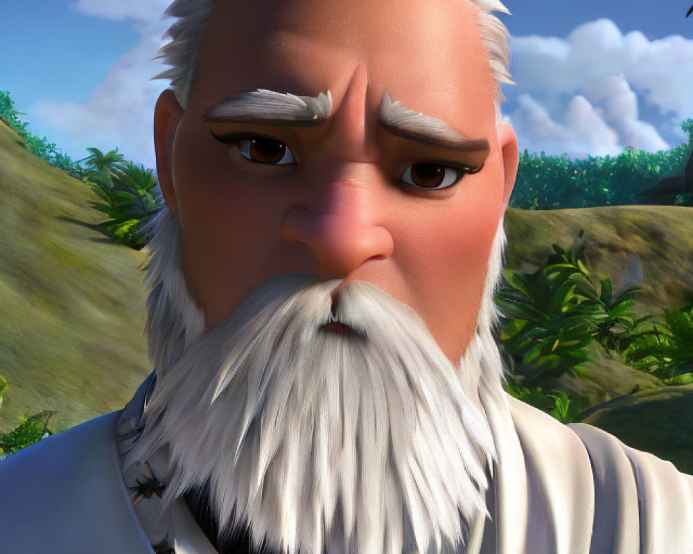 3D animated character with white beard and robe against nature backdrop