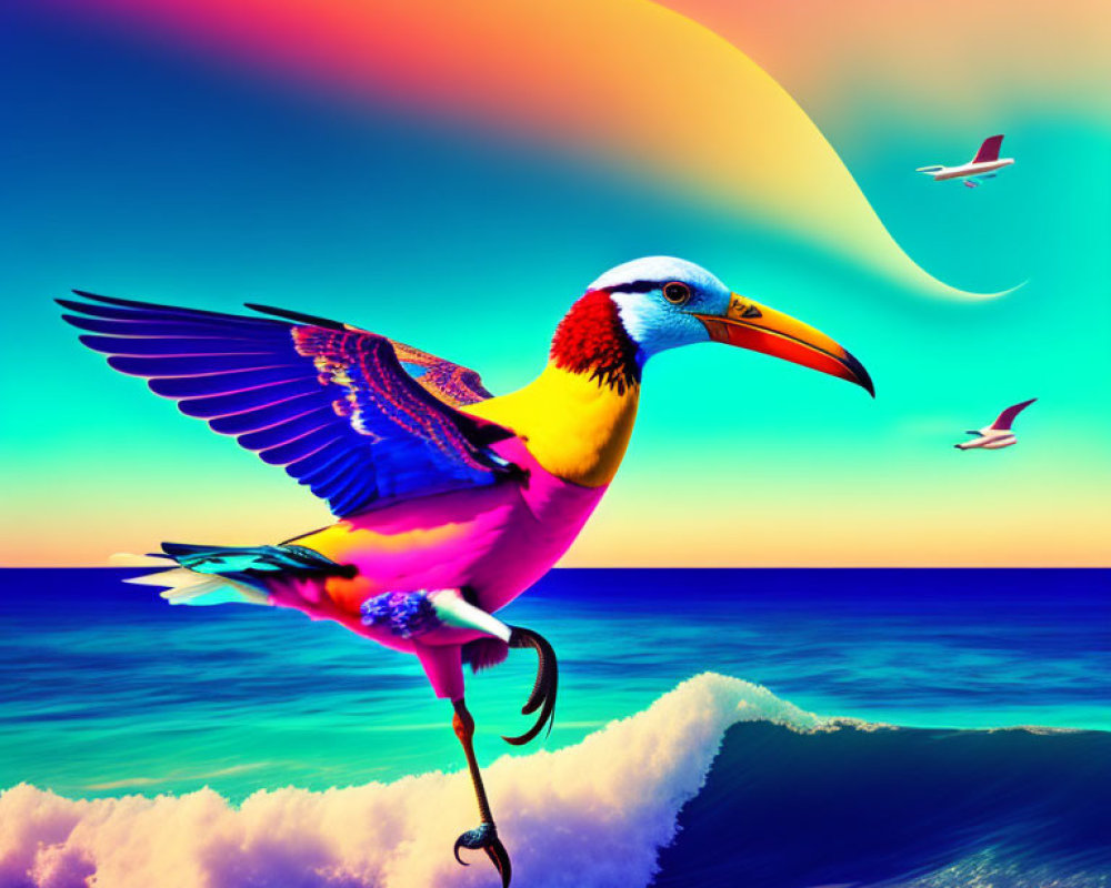Colorful bird with large beak flying over surreal ocean scene and gradient sky