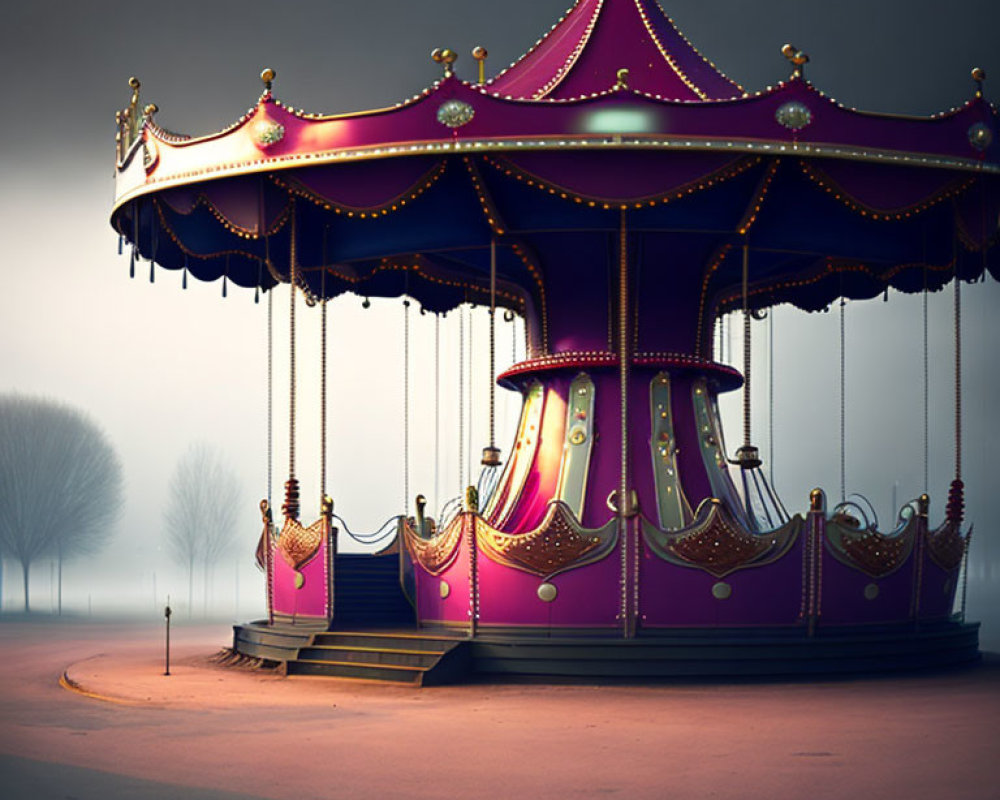 Solitary carousel in misty, dimly lit setting with golden seats and purple canopy