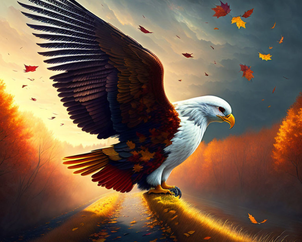Majestic eagle landing in autumnal forest with outstretched wings