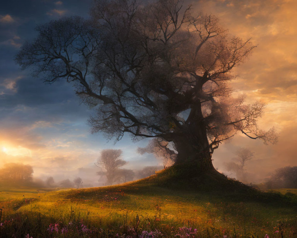 Majestic tree on hill at sunrise with colorful sky and wildflowers in misty landscape