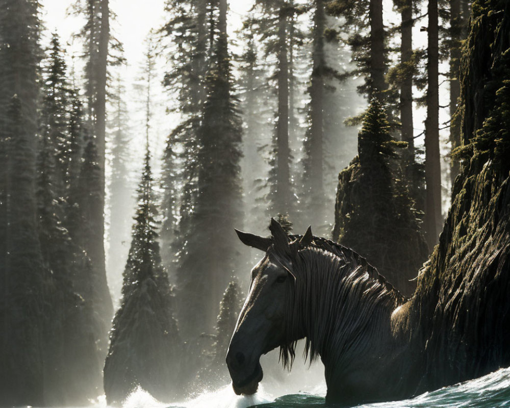 Horse wading in water with misty trees under sunlight