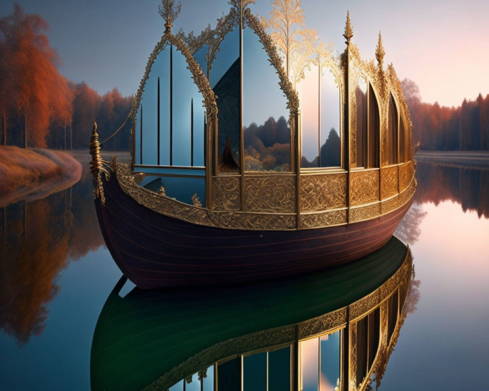 Golden and wooden ornate boat on calm lake with autumnal forest backdrop at dusk