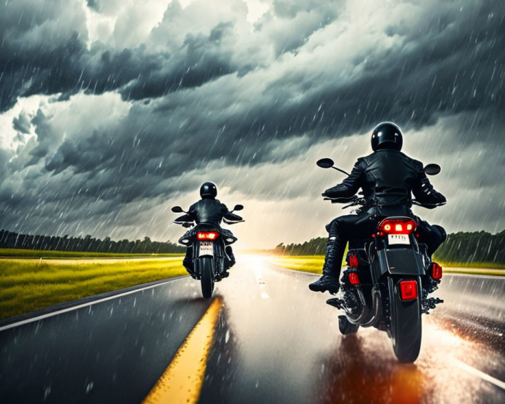 Motorcyclists on wet road under stormy skies with trailing lights.