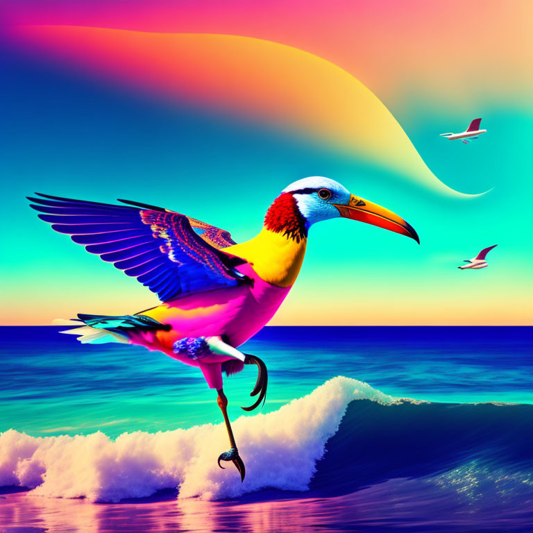 Colorful bird with large beak flying over surreal ocean scene and gradient sky