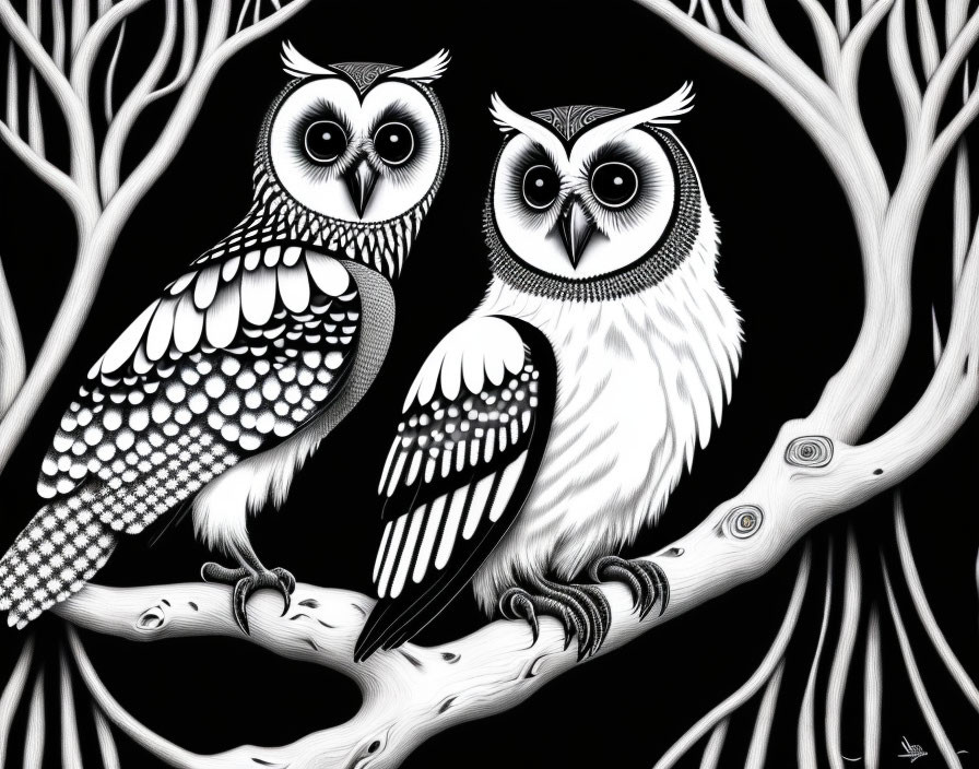 Stylized owls with intricate patterns on a branch in black-and-white illustration