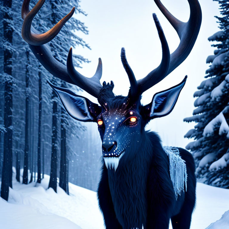 Mystical black stag with glowing red eyes in snowy forest