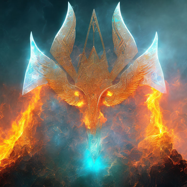 Golden dragon head with glowing eyes in fiery depths against smoky background