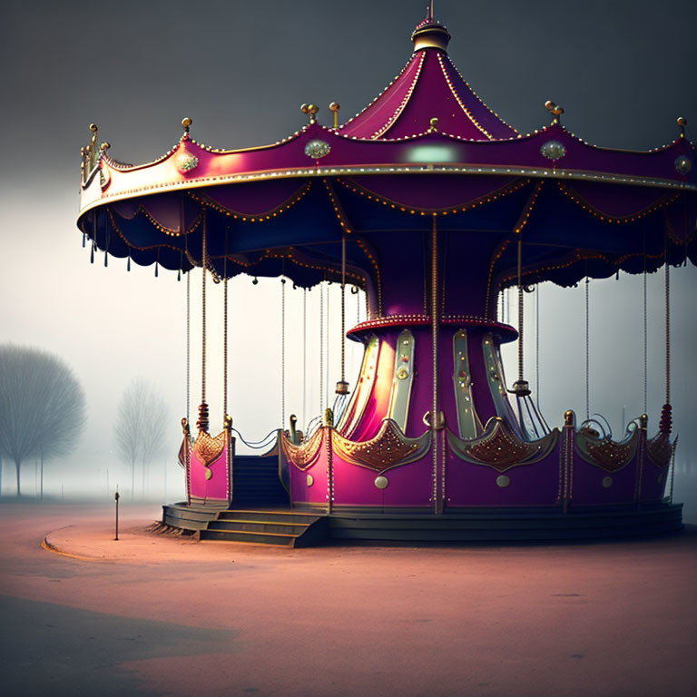 Solitary carousel in misty, dimly lit setting with golden seats and purple canopy