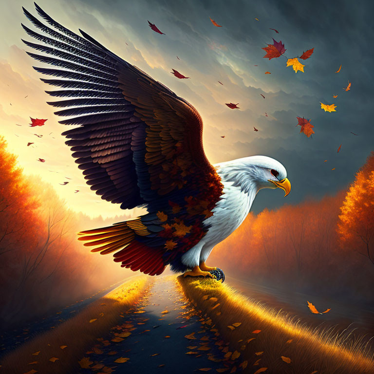 Majestic eagle landing in autumnal forest with outstretched wings