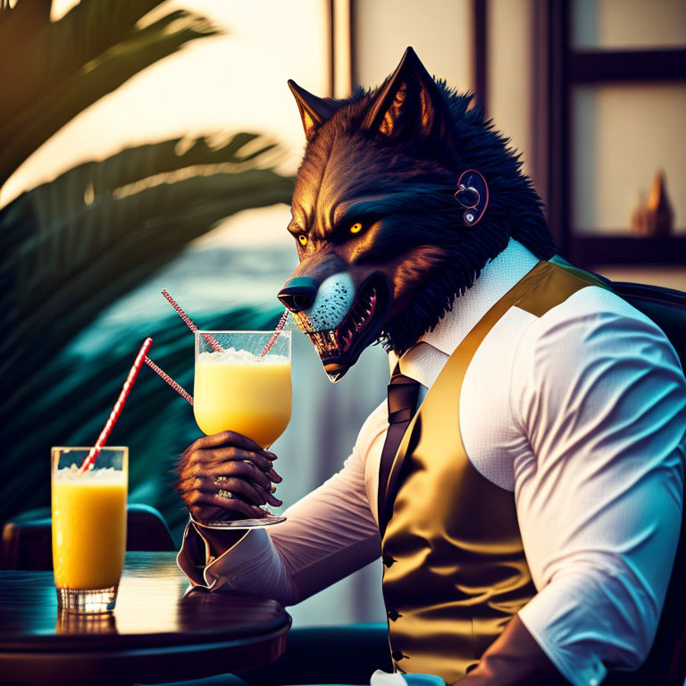Anthropomorphic wolf in suit sips cocktail at sunset bar