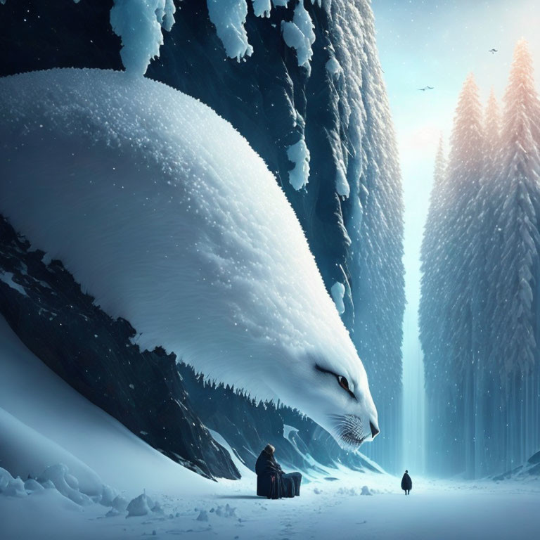 Snow-covered wolf-shaped mountain landscape with towering trees and distant figure