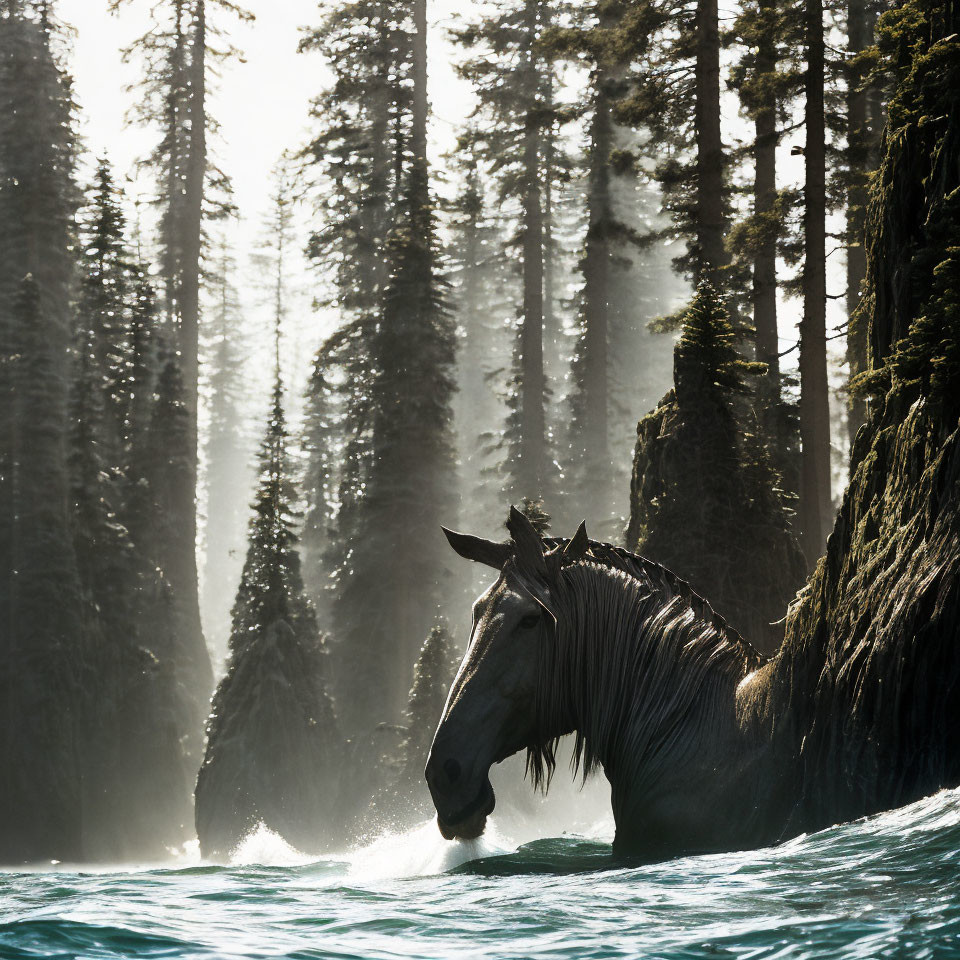 Horse wading in water with misty trees under sunlight
