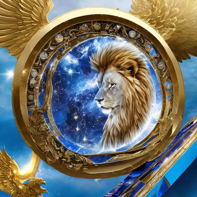 Lion head on cosmic background in golden, jewel-encrusted frame