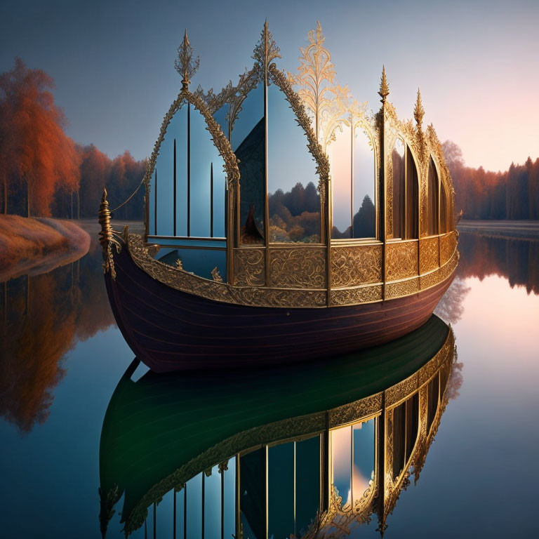 Golden and wooden ornate boat on calm lake with autumnal forest backdrop at dusk