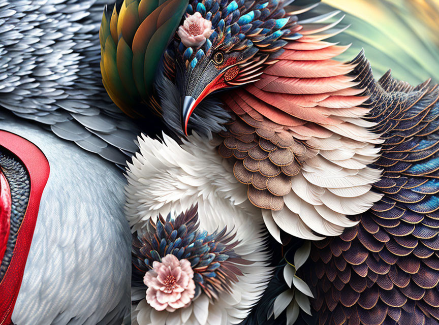 Detailed Close-Up of Colorful Bird Feathers Displayed