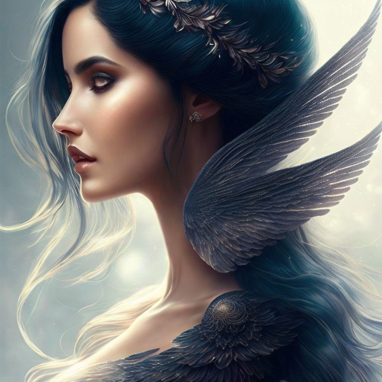Fantastical woman with dark feathered wings and intricate hair ornamentation.