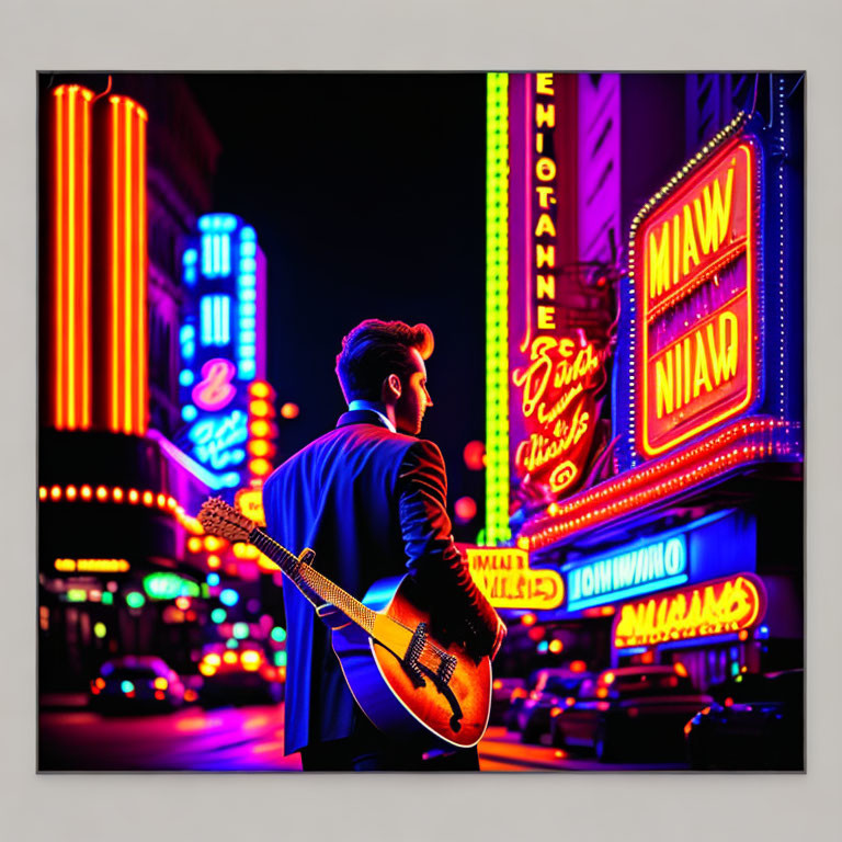 Man with Guitar Admiring Neon Signs on Vibrant Night Street
