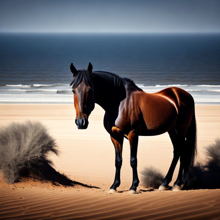 Horse on Sandy Terrain with Dunes and Ocean Background