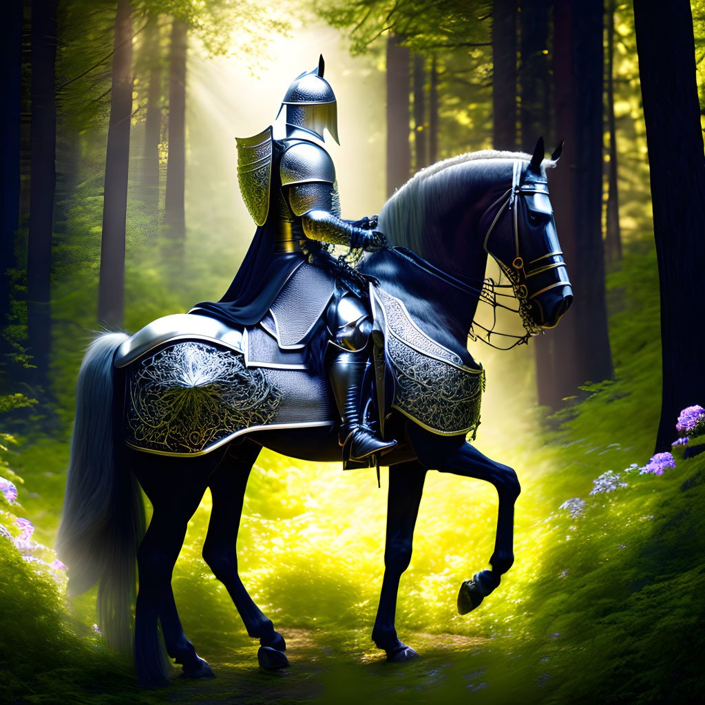 Knight on horseback in sunlit forest with green trees and purple flowers