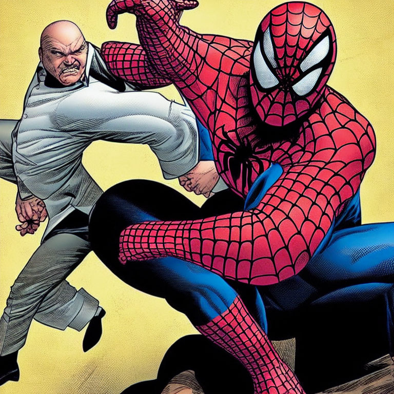 Spider-Man dodges attack from bald adversary in white suit