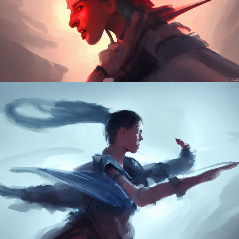Stylized portraits of a woman: one as a fantastical elf in armor, the other as