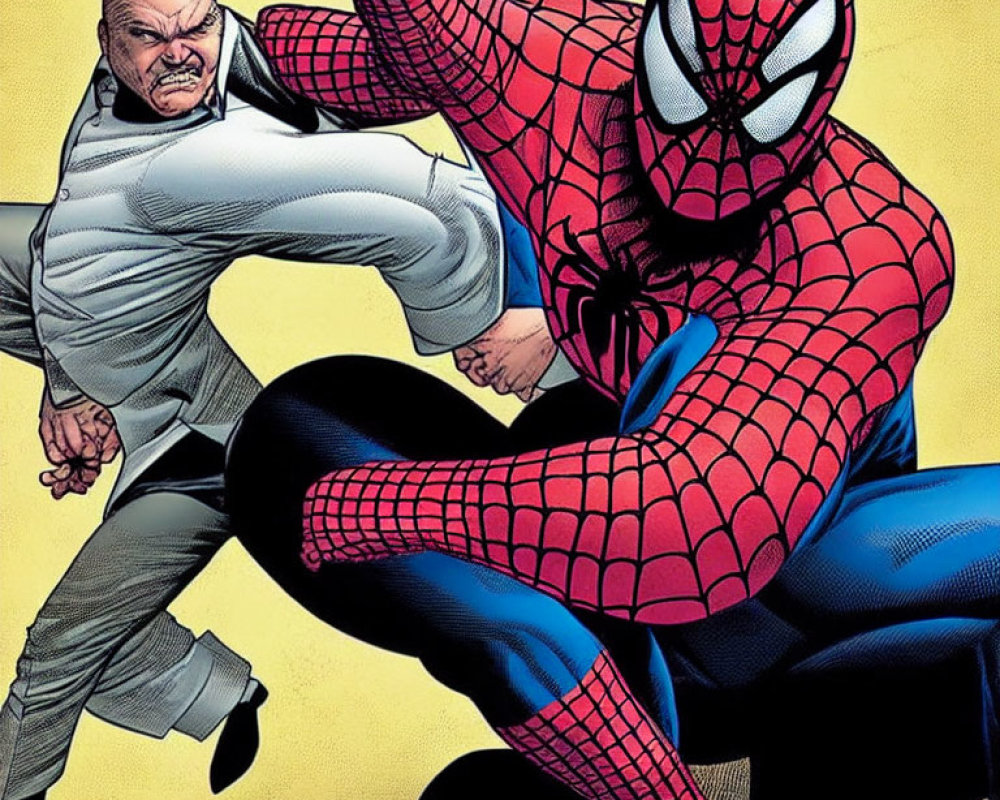 Spider-Man dodges attack from bald adversary in white suit