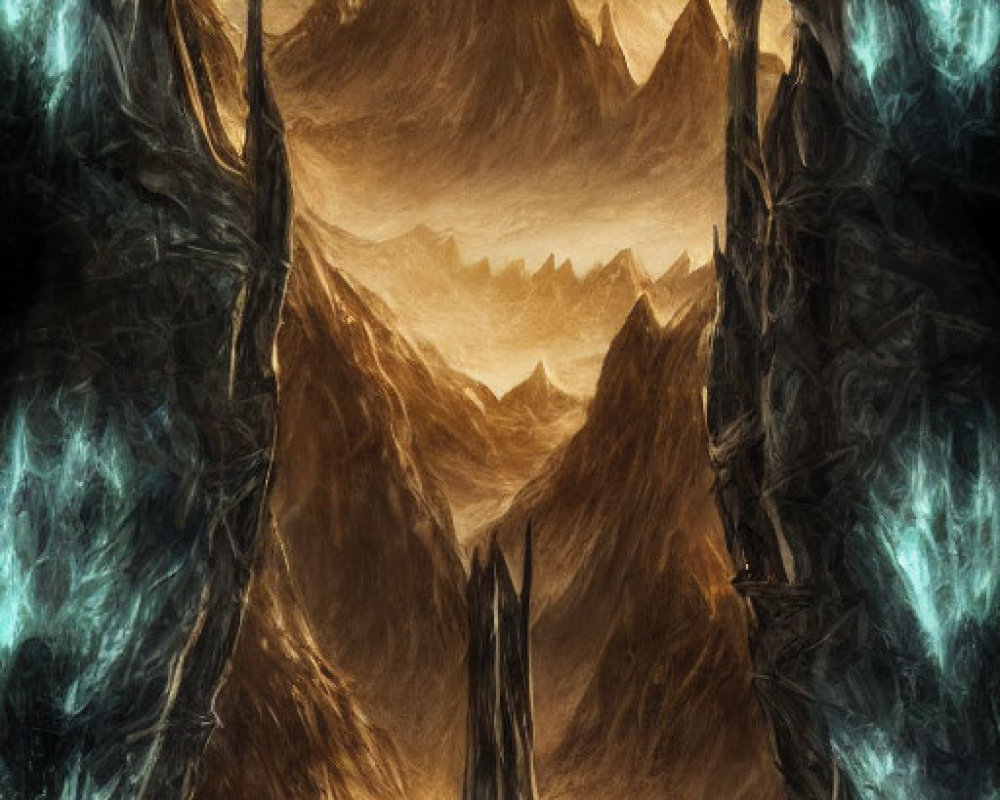 Symmetrical fantasy landscape with fiery eye, dark mountains, and swirling sky