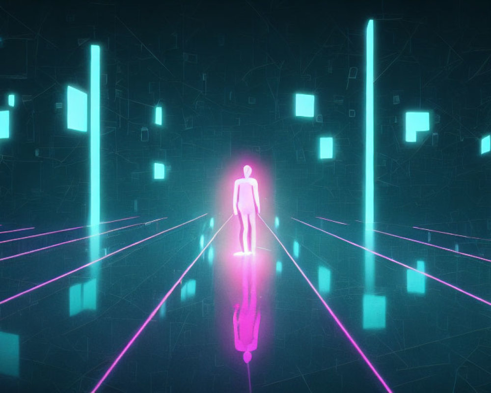 Neon-lit digital landscape with glowing humanoid figure and geometric shapes